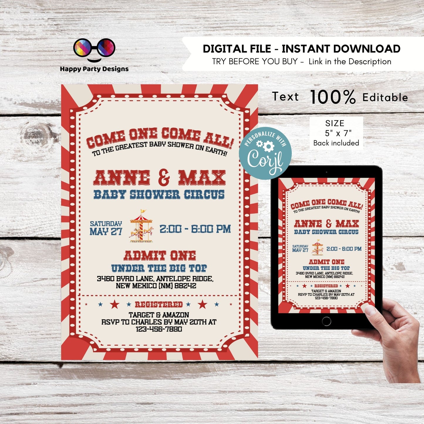 Circus Birthday Invitation  | Circus Party  | Circus invitation | Editable Instant Download | birthday boy Edit Online #K212
