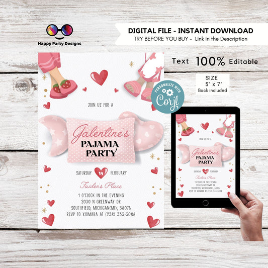 Editable Galentine's pajama party Printable invitation | brunch Invitation| Valentines | Printable Valentine's Invitation | galentines #K285