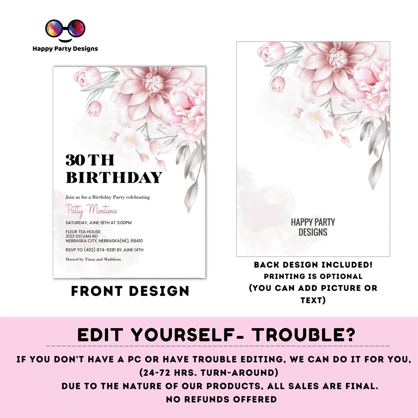 Editable blush pink Floral Invite Printable | 30th Birthday Invitation | Surprise Birthday | any age | 30th Birthday #A54