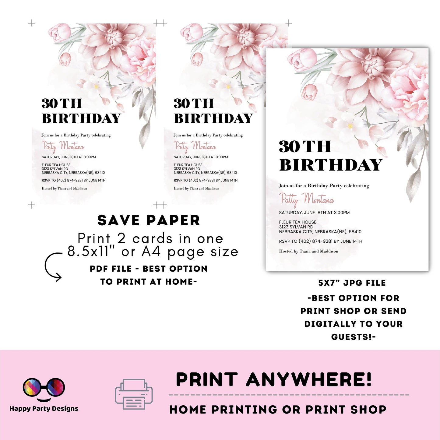 Editable blush pink Floral Invite Printable | 30th Birthday Invitation | Surprise Birthday | any age | 30th Birthday #A54