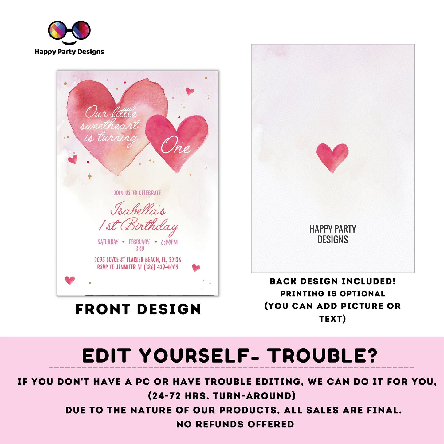Little Sweetheart First Birthday Invitation Pink Hearts | Birthday Invitation | Valentines | Printable Valentine's Invitation | #K286