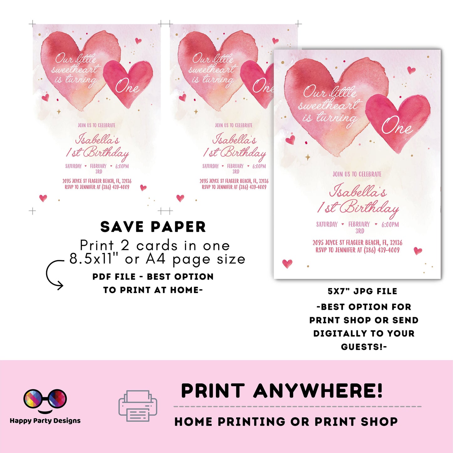 Little Sweetheart First Birthday Invitation Pink Hearts | Birthday Invitation | Valentines | Printable Valentine's Invitation | #K286