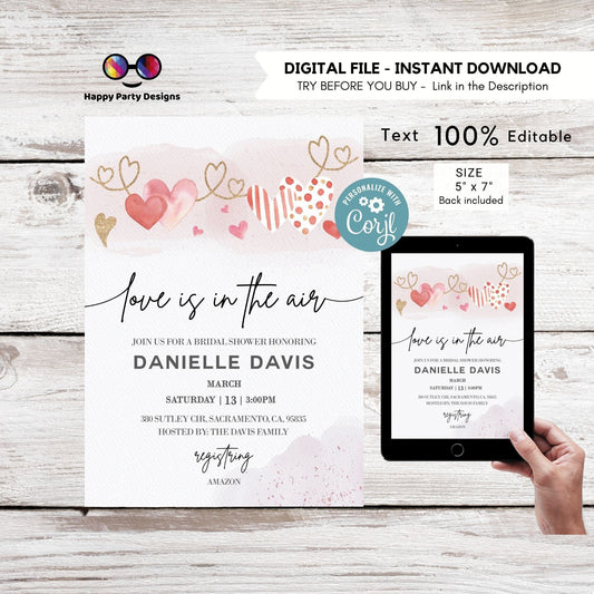 Love is in the air Bridal Shower Invitation Pink Gold Hearts | Bridal Invitation | Bridal Valentines | Pink and Gold Heart Printable #W22
