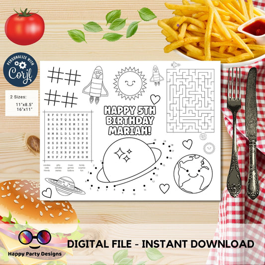 Editable First Trip Around the Sun party coloring page | Outer Space party Activity games GIRL Astronaut Activity Page Placemat #K57