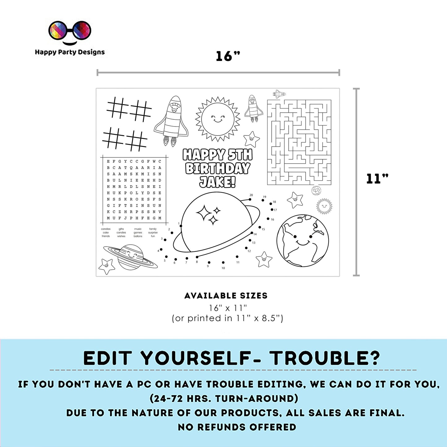 Editable First Trip Around the Sun party coloring page | Outer Space party Activity games BOY Astronaut Activity Page Placemat #K57