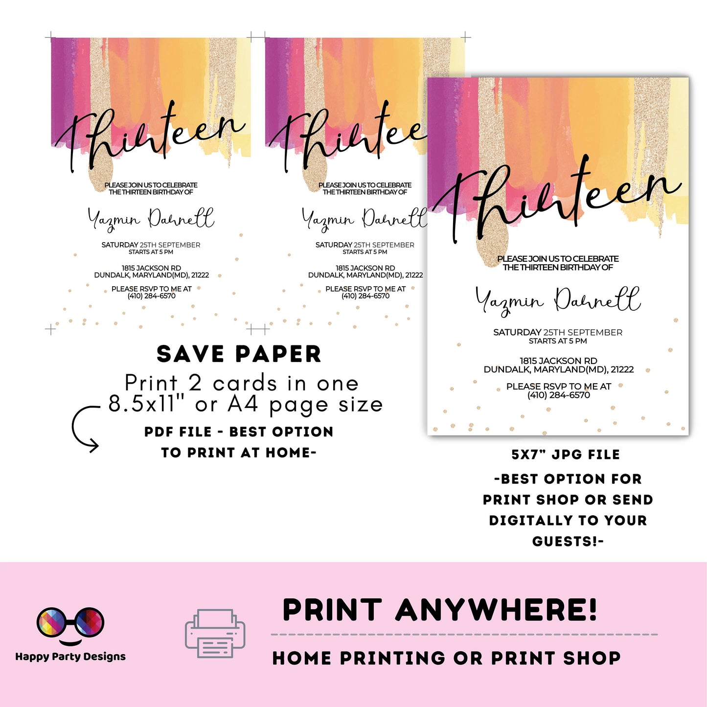 EDITABLE girl 13th birthday invitation | golden glitter Party | Birthday girl | 13th pink and purple Birthday | glow party #K275