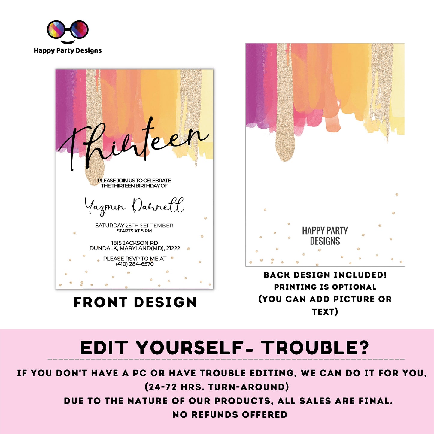 EDITABLE girl 13th birthday invitation | golden glitter Party | Birthday girl | 13th pink and purple Birthday | glow party #K275