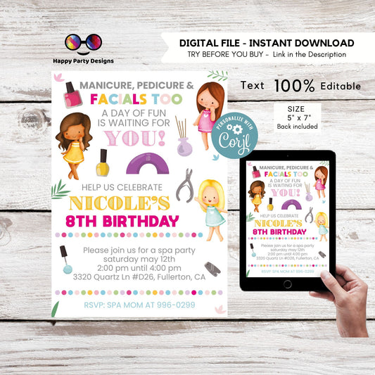 Editable Manicures pedicures and Facials too | girls spa party invitation editable template | glam makeup & nails spa birthday party #K288