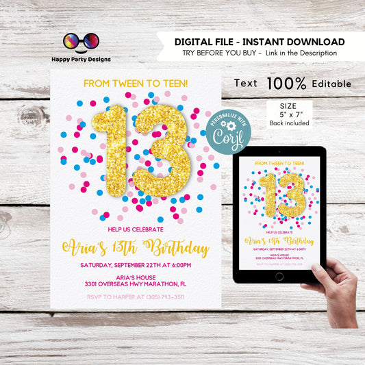 EDITABLE girl 13th birthday invitation | golden glitter Party | Birthday girl | 13th pink and teal Birthday | confetti party | fuchsia #K289