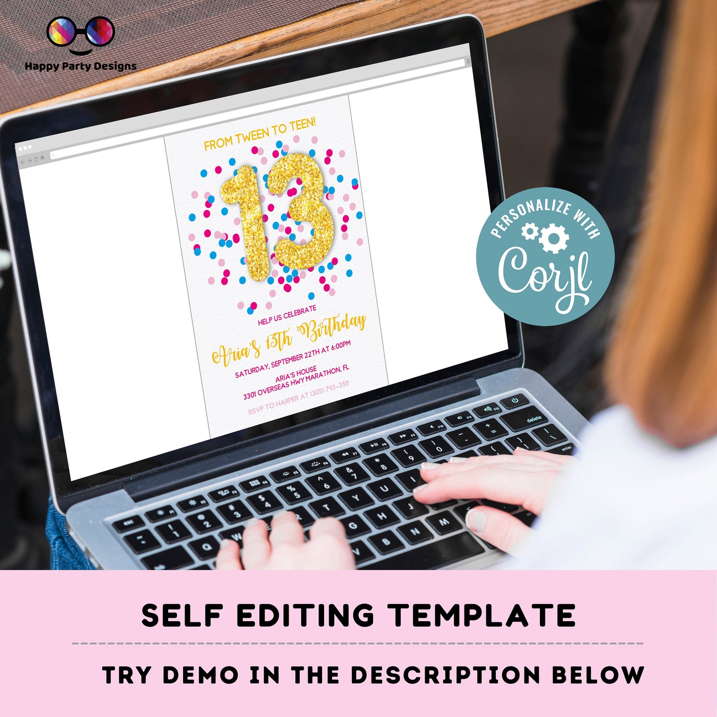 EDITABLE girl 13th birthday invitation | golden glitter Party | Birthday girl | 13th pink and teal Birthday | confetti party | fuchsia #K289