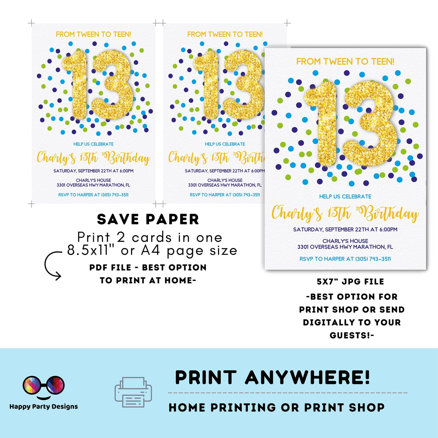 EDITABLE from tween to teen birthday invitation | golden glitter Party | boy | blue and green Birthday | confetti party | any age #K289