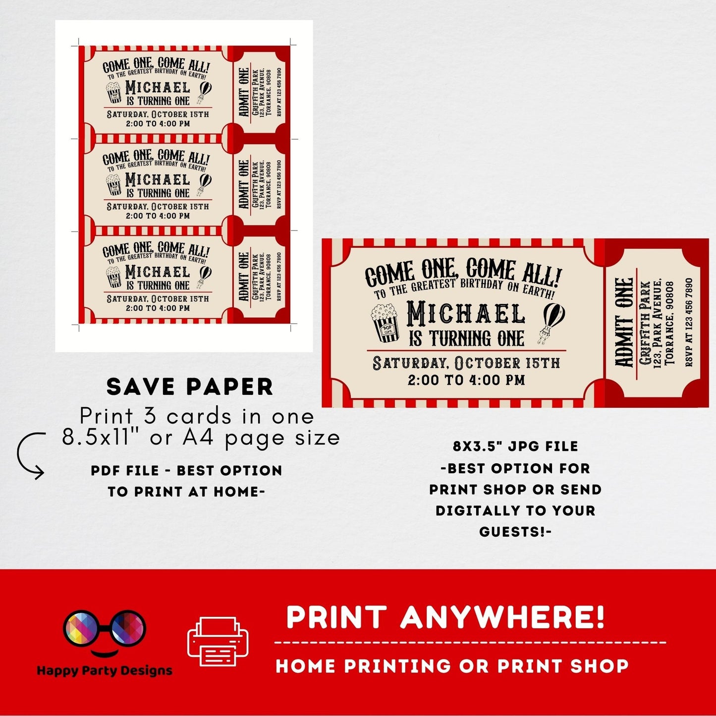 Carnival Ticket Birthday Invitation  | Circus Party  | Circus invitation | Editable Instant Download | birthday boy Edit Online #K212