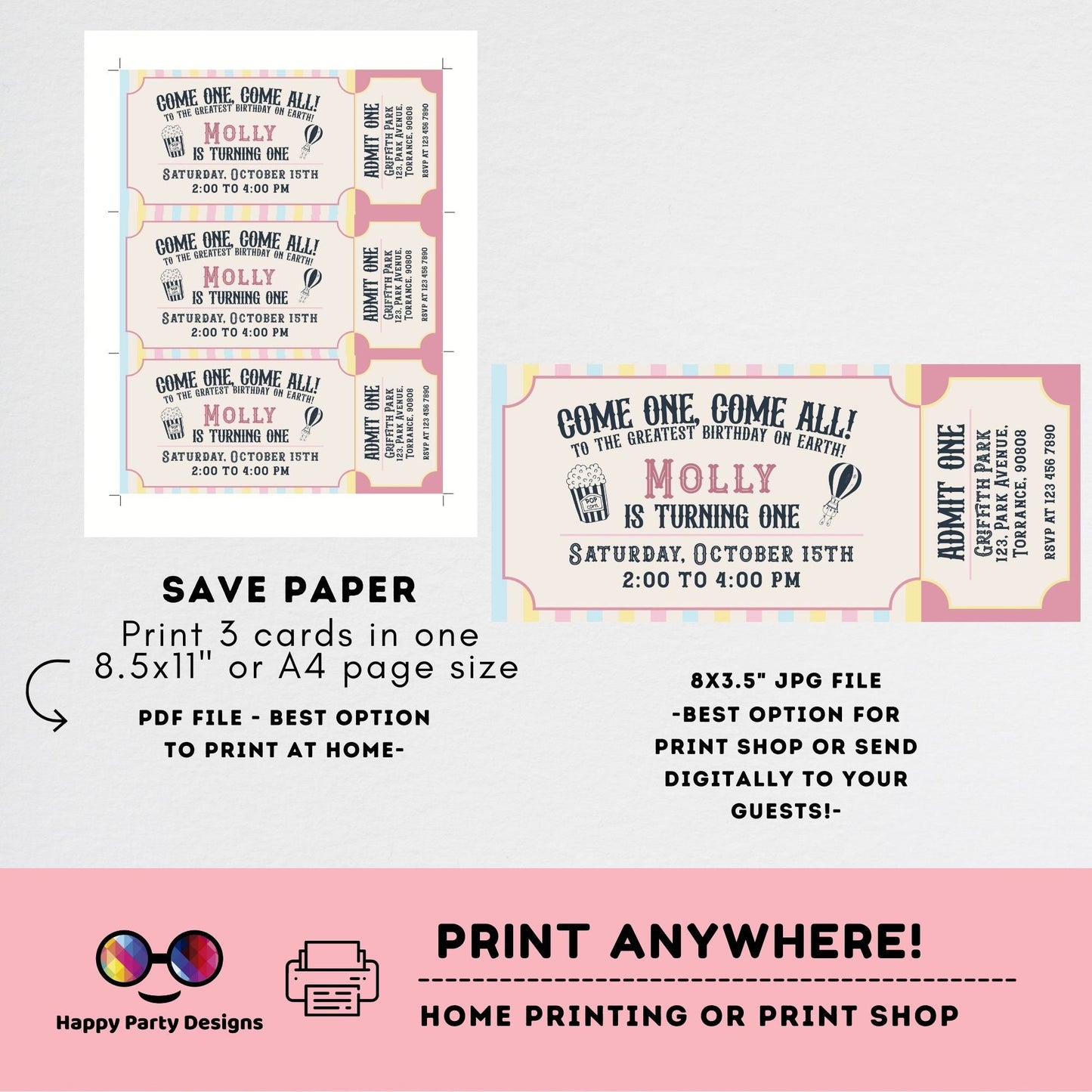 Carnival Ticket Birthday Invitation Pastel | Circus invitation Pastel | Editable Instant Download Edit Online #K211