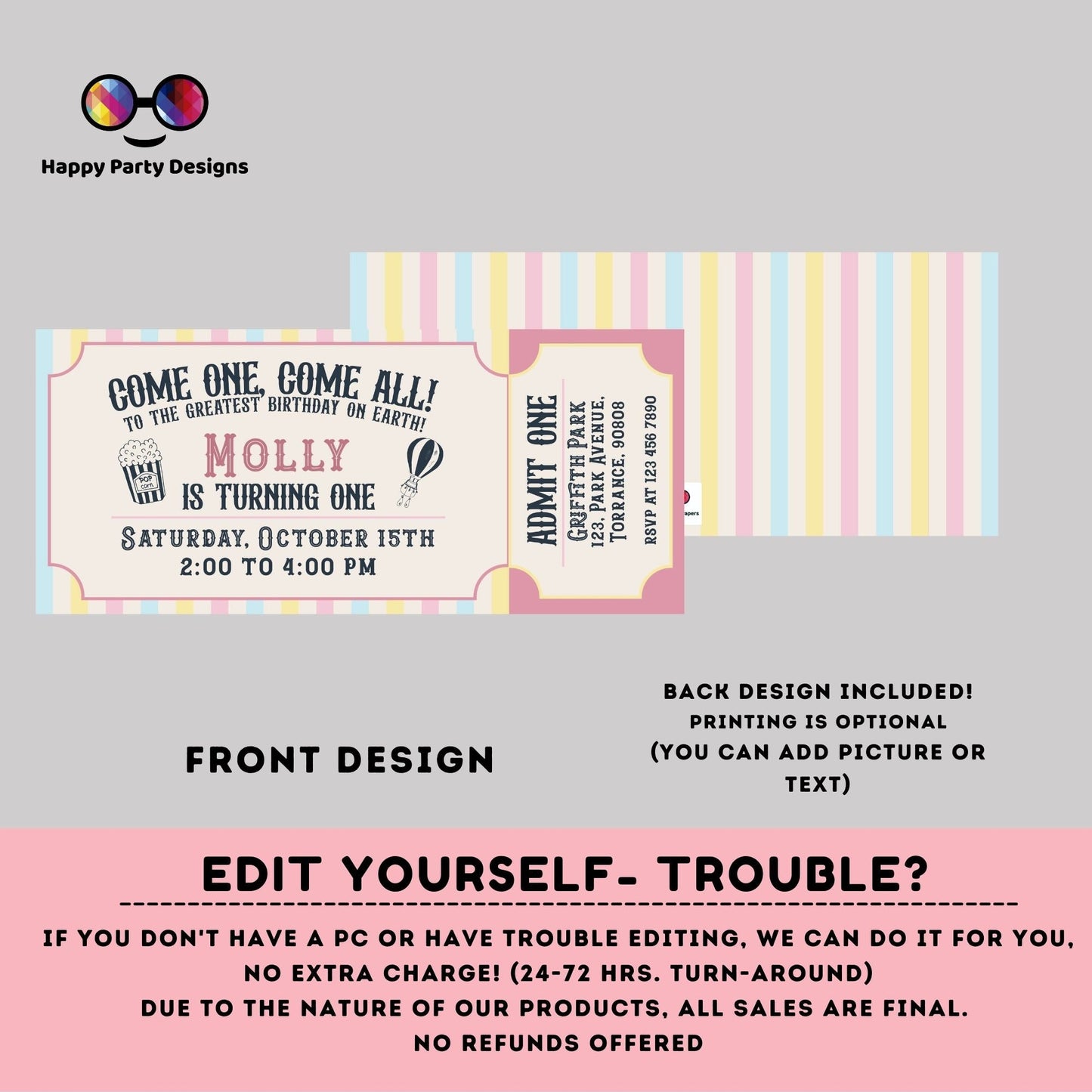 Carnival Ticket Birthday Invitation Pastel | Circus invitation Pastel | Editable Instant Download Edit Online #K211