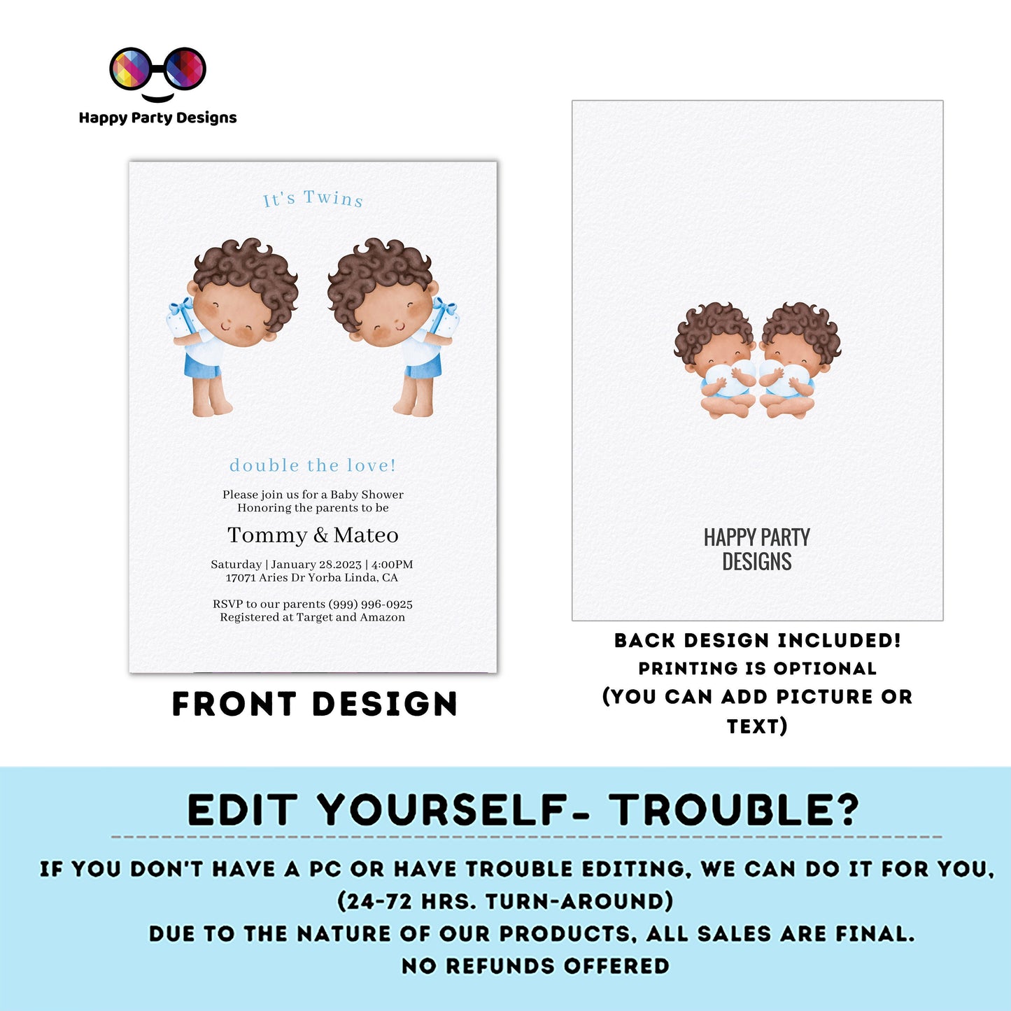 Editable it's twins Baby Shower Invitation | Template Printable | boys twins baby shower | Birthday or baby shower invitation #K291