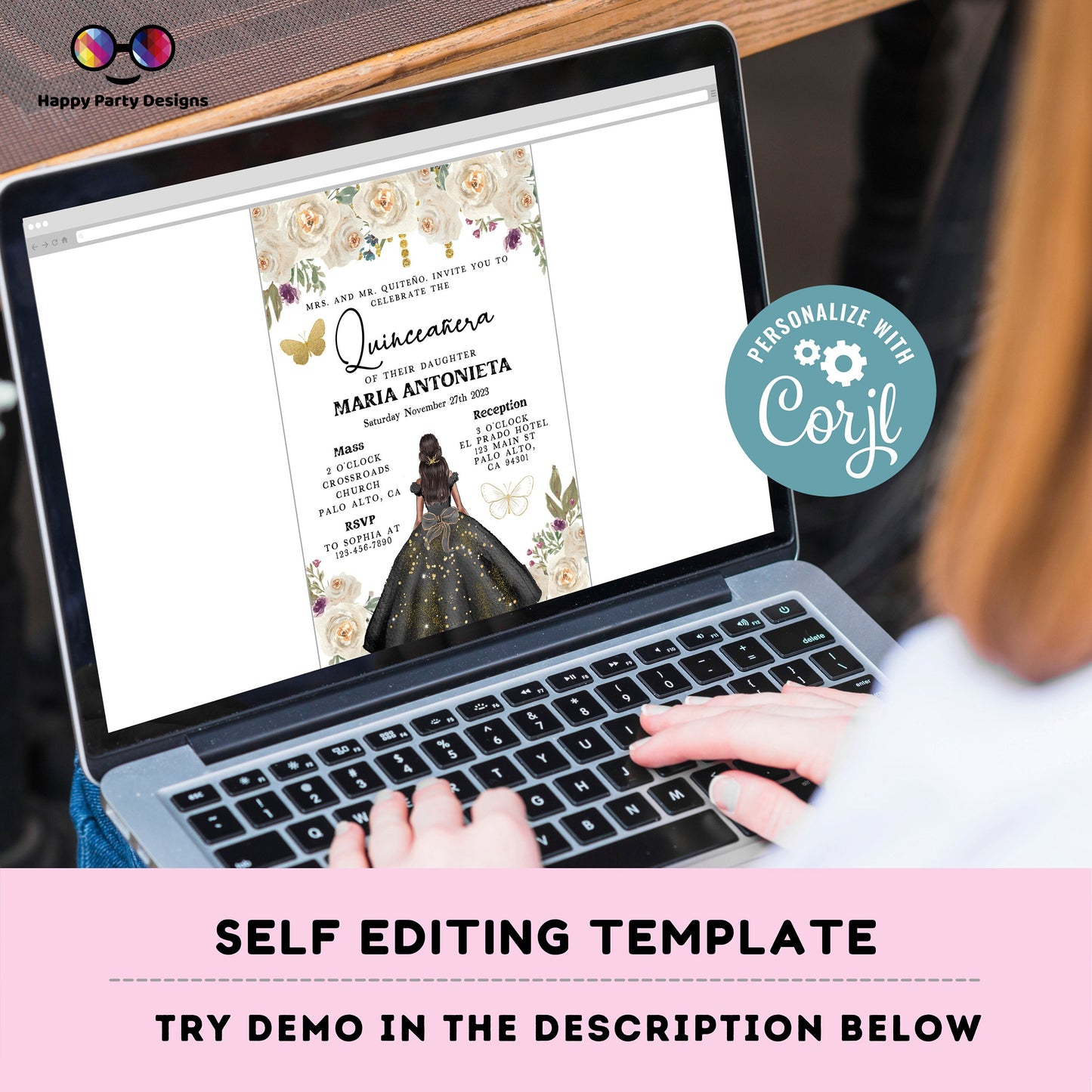 Editable BLACK dress Quinceañera Invitation | EDITABLE TEMPLATE Mis Quince 15 | 16th Birthday Instant Download | Girl Birthday #K276