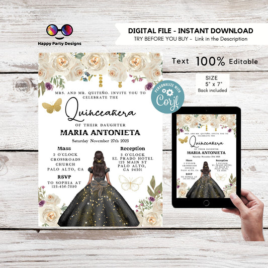 Editable BLACK dress Quinceañera Invitation | EDITABLE TEMPLATE Mis Quince 15 | 16th Birthday Instant Download | Girl Birthday #K276