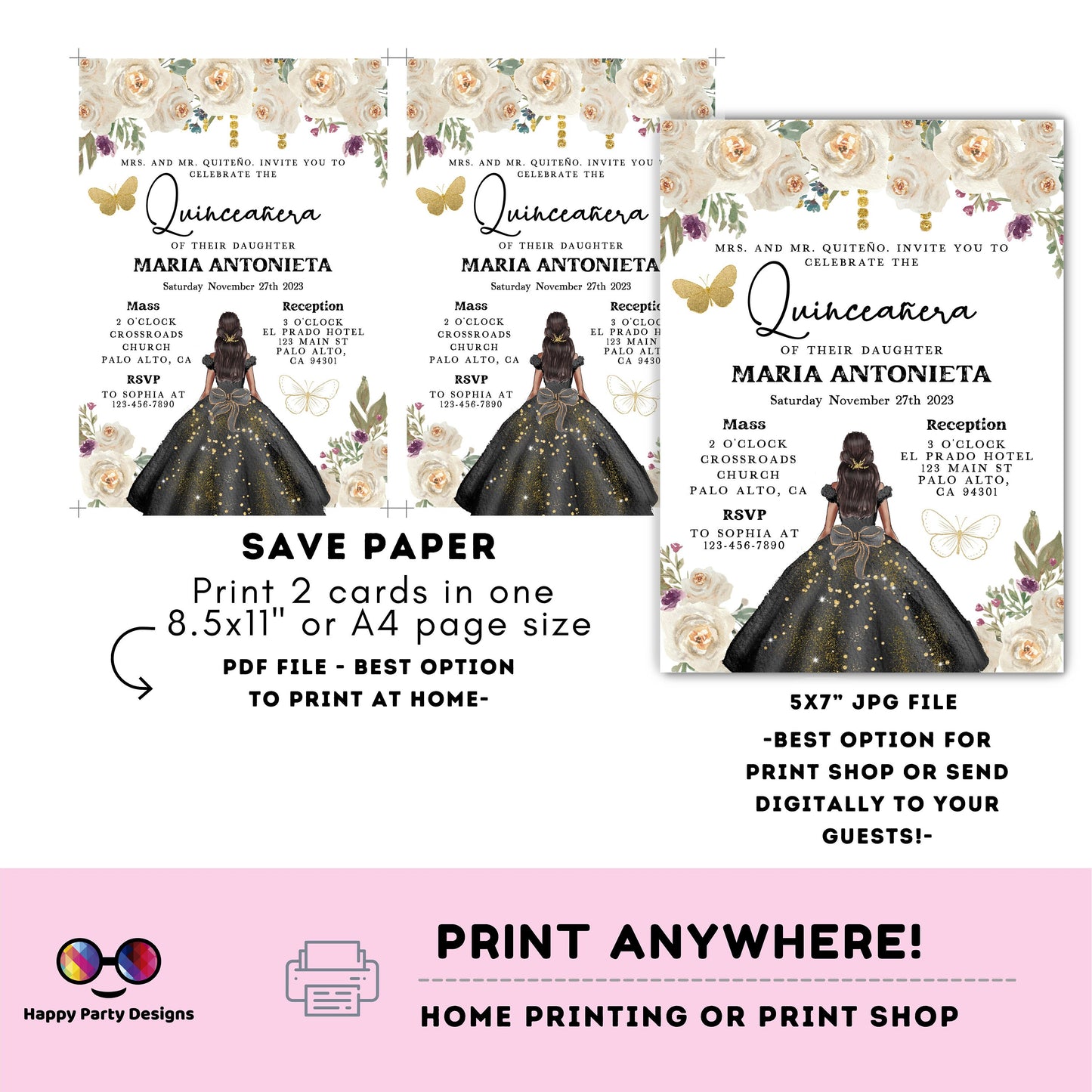 Editable BLACK dress Quinceañera Invitation | EDITABLE TEMPLATE Mis Quince 15 | 16th Birthday Instant Download | Girl Birthday #K276