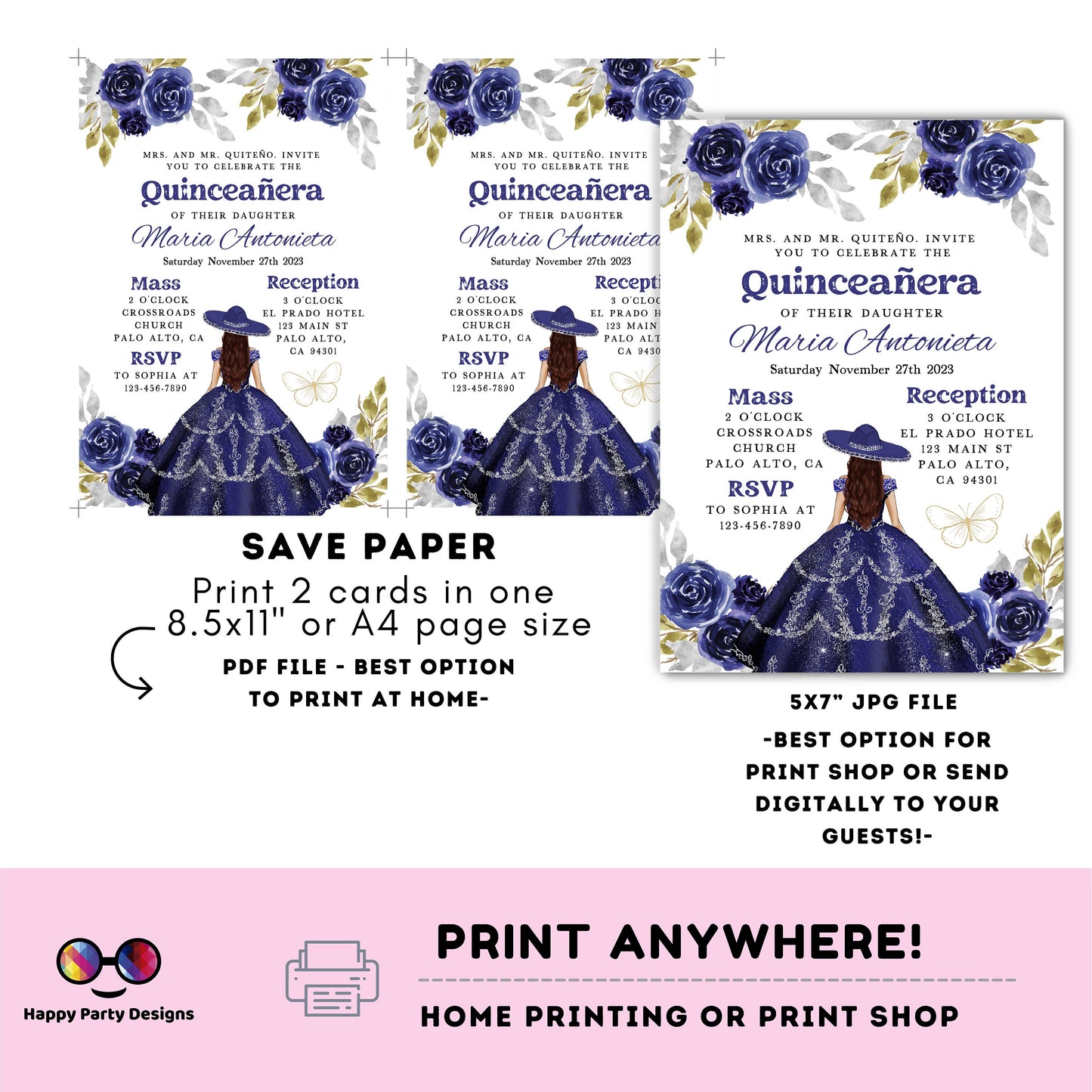 Editable NAVY BLUE dress Quinceañera Invitation | TEMPLATE Mis Quince 15 | 16th Birthday Instant Download | Girl Birthday #K279