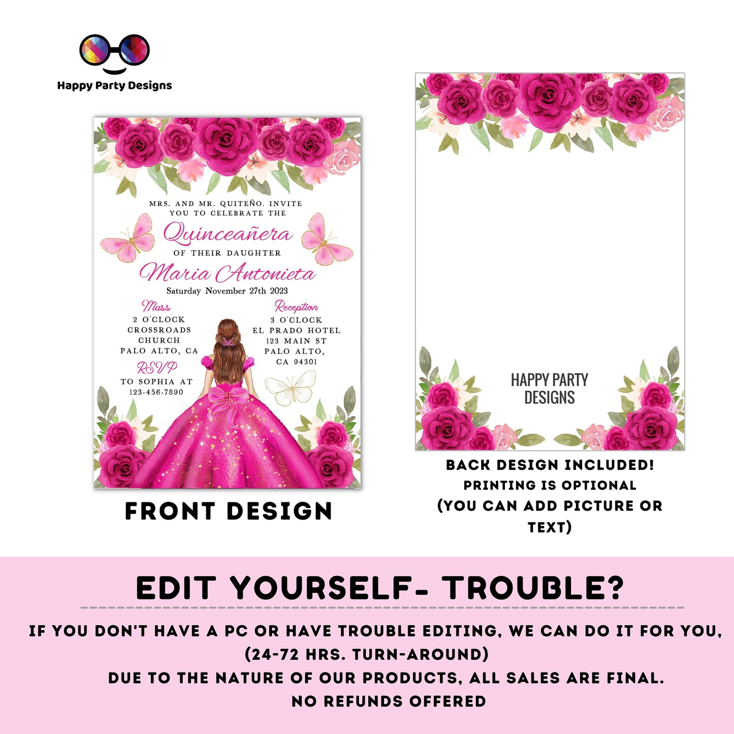 Editable FUCHSIA dress Quinceañera Invitation | EDITABLE TEMPLATE Mis Quince 15 | 16th Birthday Instant Download | Girl Birthday #K169