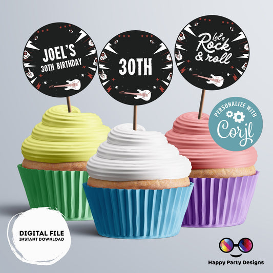 EDITABLE rock n roll round cupcake toppers | rockstar Party | Birthday Boy | black and white Birthday stickers | Let's rock  #K262