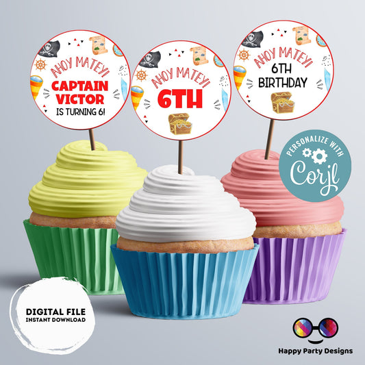 EDITABLE pirates round cupcake toppers | Pirates Party | Birthday Boy | Ahoy Birthday stickers | Pirate decoration | Printable toppers #K108