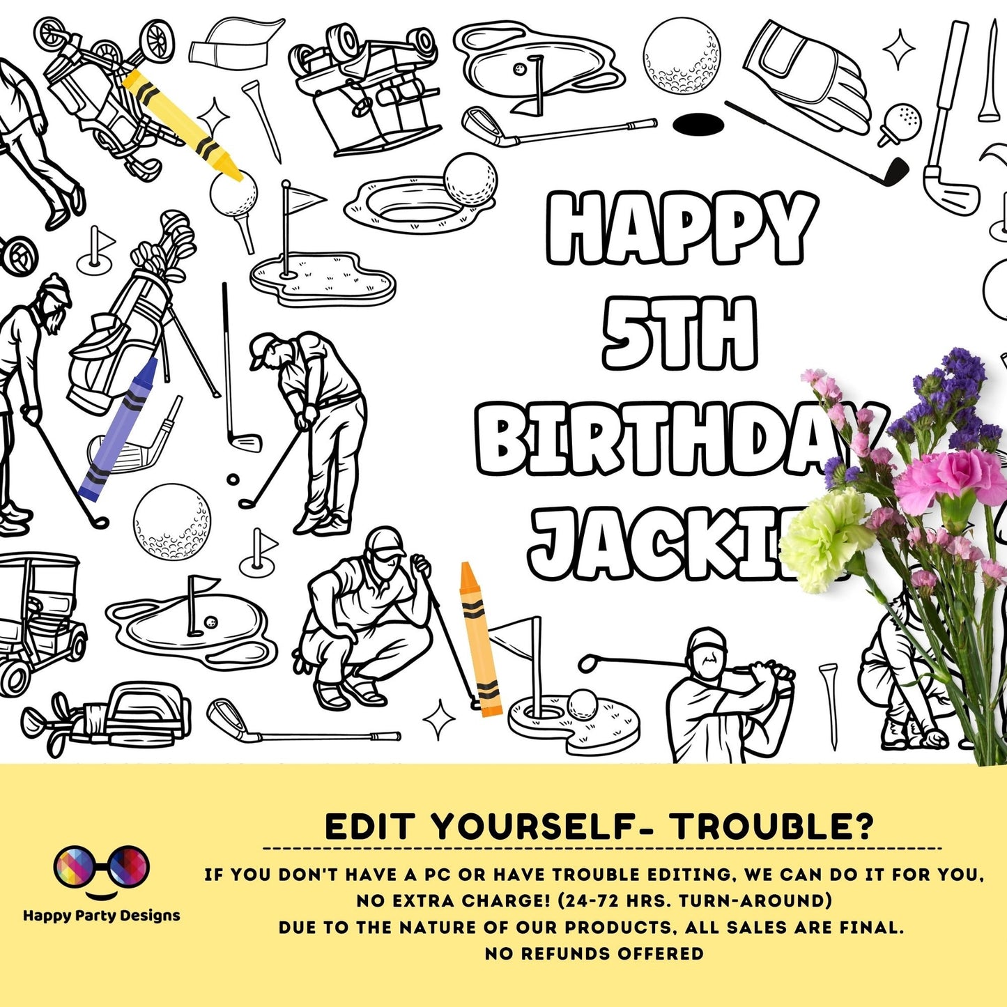 Editable golf party XL coloring Table Runner | Editable golf party coloring page | Golf birthday table runner Party activity for kids #K179