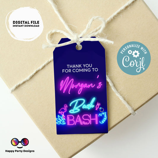Editable Tropical Neon Bachelorette Party | Bridal Party Template | Bachelorette thank you tag | Tropical neon Palm leaves | favor tag #W5