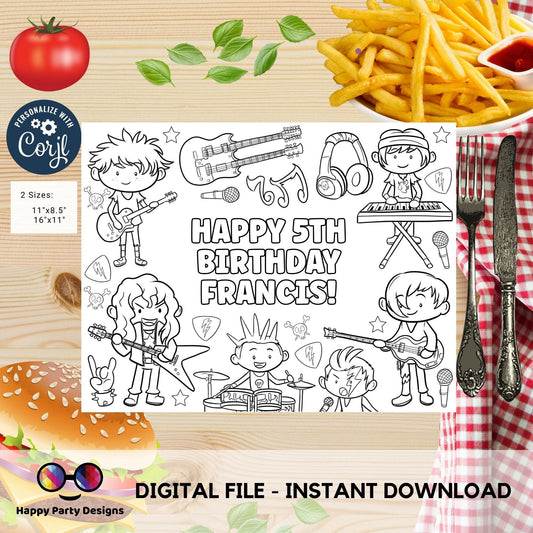Editable Rockstar Birthday coloring page | Placemat coloring page | Any Age | Rock and Roll birthday party activity | bag filler | boy #K150