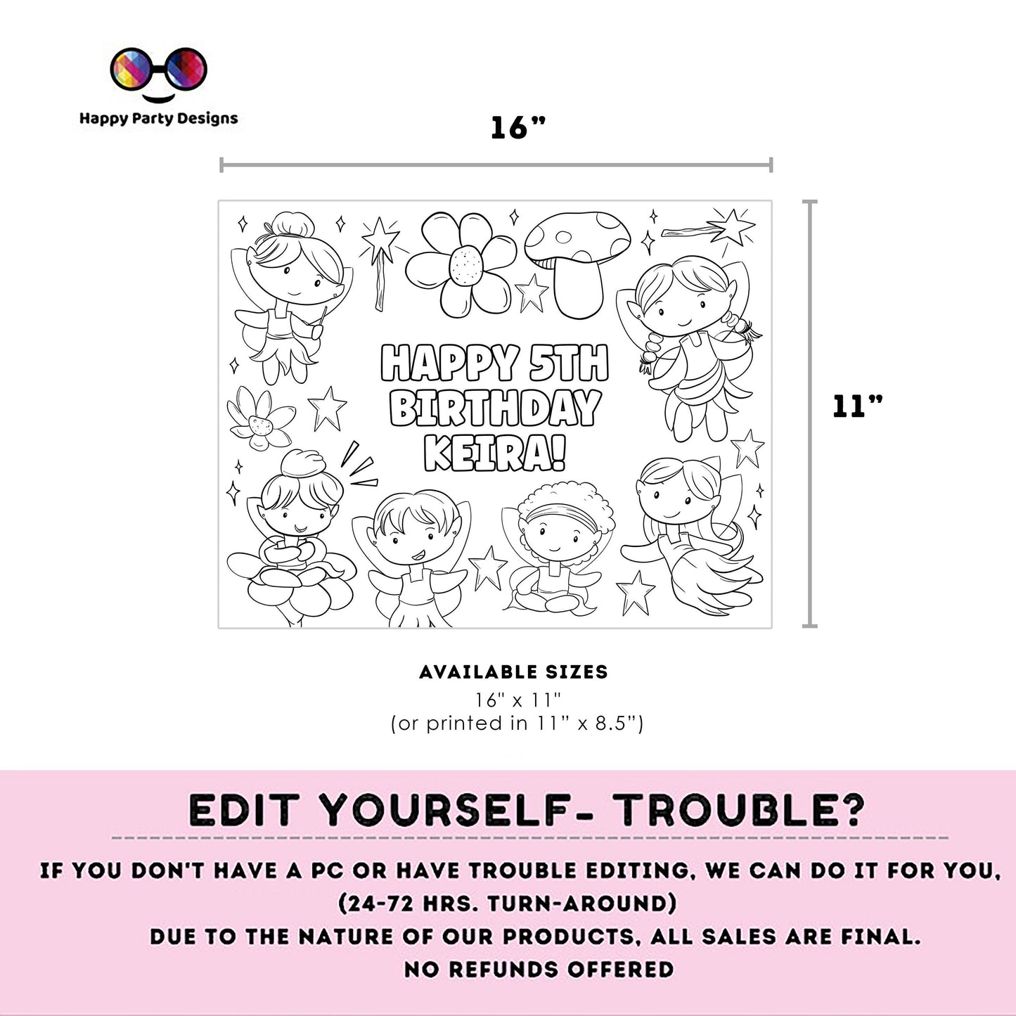 Editable fairies coloring page | Placemat coloring page | Any Age | Fairies coloring page  | Fairy party placemat #K231