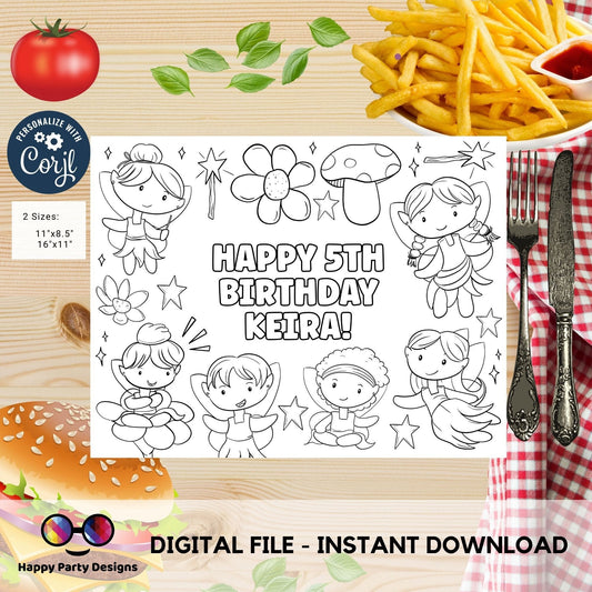 Editable fairies coloring page | Placemat coloring page | Any Age | Fairies coloring page  | Fairy party placemat #K231