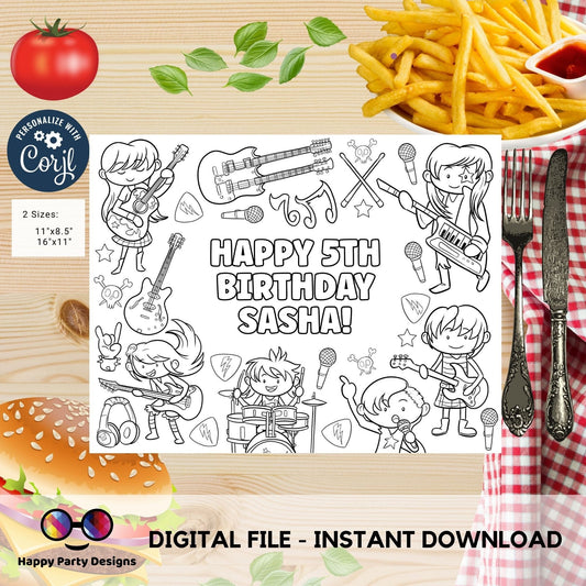 Editable Rockstar Birthday coloring page |Placemat coloring page | Any Age | Rock and Roll birthday party activity | bag filler | girl #K150