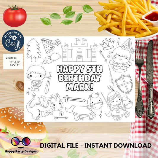 Editable Knights and Dragons coloring page | Princess and Knights Placemat | Any Age | Dragons birthday Activity | Instant Download | #K145