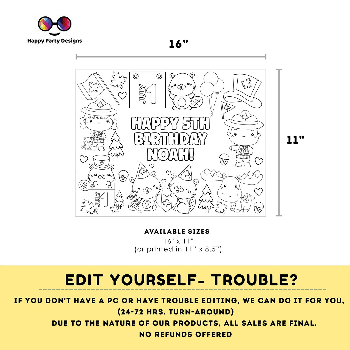 Editable Canada Day Coloring Page | Coloring Placemat | moose | Beaver | Canada flag | Party Supplies | Instant Download | Printable #K281