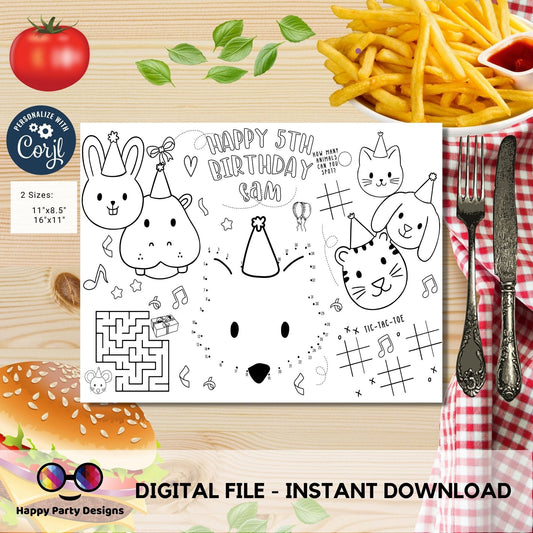 Editable party animals coloring page | First birthday | Any Age | party Animals Birthday Party | Zoo Jungle Party | hat animals #K202