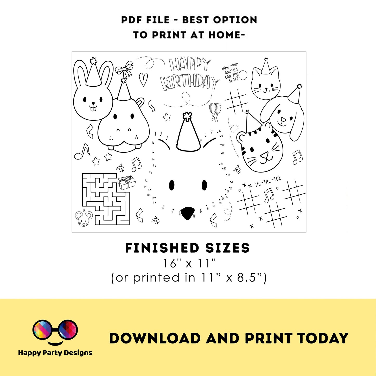 INSTANT DOWNLOAD Coloring Page Safari Animals Birthday Party | Activity Wild One | Birthday Zoo Placemat | Jungle Party | party animals#K202