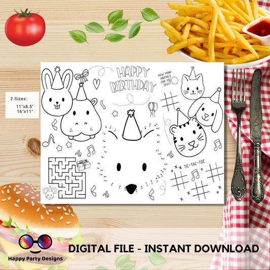 INSTANT DOWNLOAD Coloring Page Safari Animals Birthday Party | Activity Wild One | Birthday Zoo Placemat | Jungle Party | party animals#K202