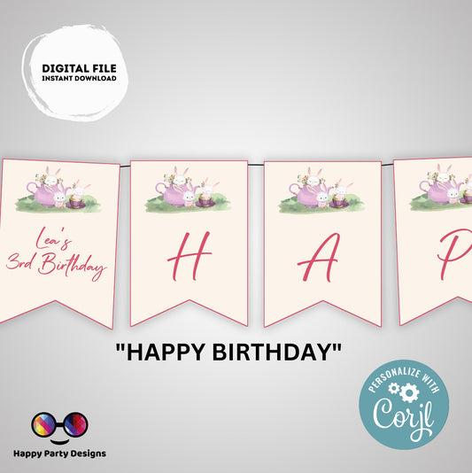 Editable tea party happy birthday banner | birthday |  baby shower | tea for three | banner | Gift Tag | Template | Baby | garland #K120
