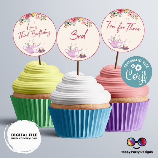 Editable tea party cupcake toppers | birthday |  baby shower | tea for three | banner | Gift Tag | Template | Baby | round stickers #K120