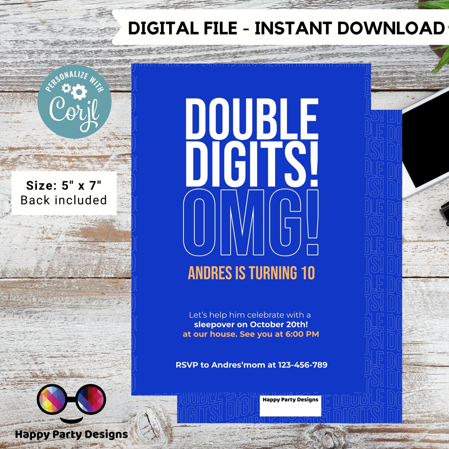 Editable 10th Birthday Invitation | Boy 10th Birthday Party | tween Birthday Invite | Editable fun birthday Invite | double digits #K282