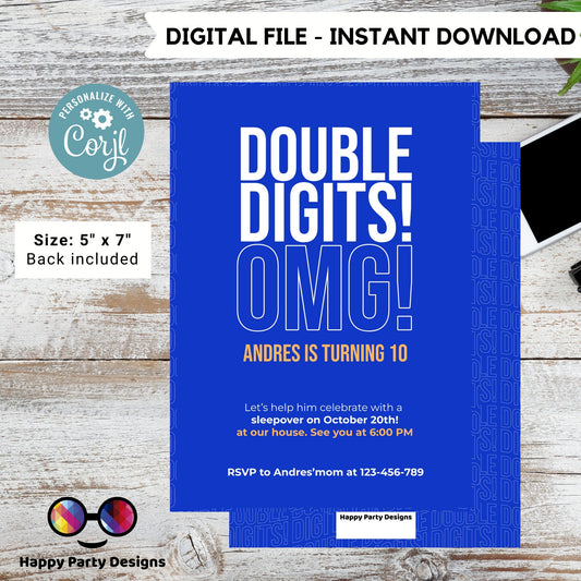 Editable 10th Birthday Invitation | Boy 10th Birthday Party | tween Birthday Invite | Editable fun birthday Invite | double digits #K282