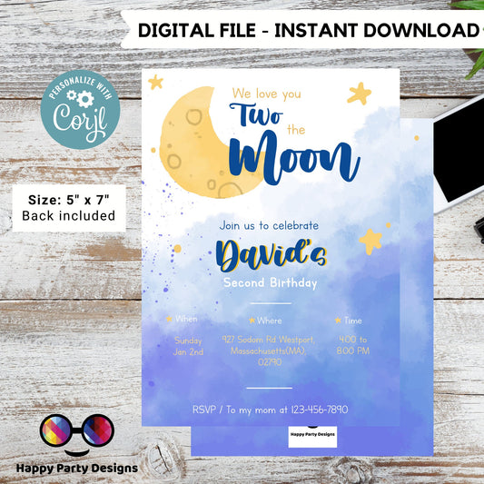 Editable Two the moon Birthday Invitation | boy Second Birthday Party | two-year-old | 2nd birthday party | Edit Yourself #K283