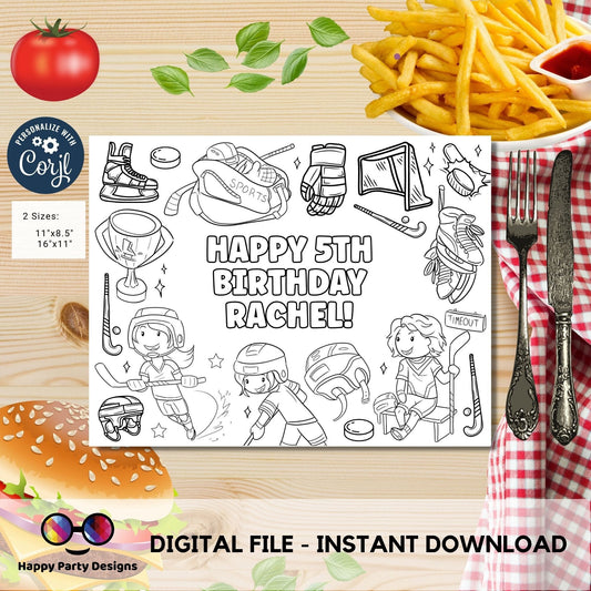 Editable Hockey Birthday coloring Page | Sports Party | Hockey coloring page | kids playing hockey coloring placemat Edit Online |girl #K243