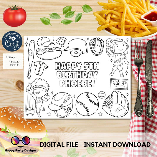 Editable Baseball Birthday coloring Page | Sports Party | Baseball coloring page | kids playing Baseball coloring placemat Edit Online #K157
