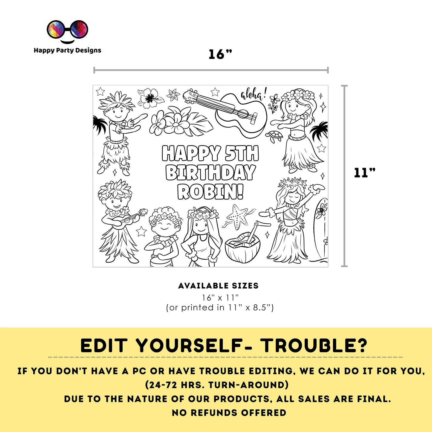 Editable Hawaiian party coloring page | Aloha placemat | Any Age | Beach birthday | Luau Party Coloring Pages | beach party kids #K222