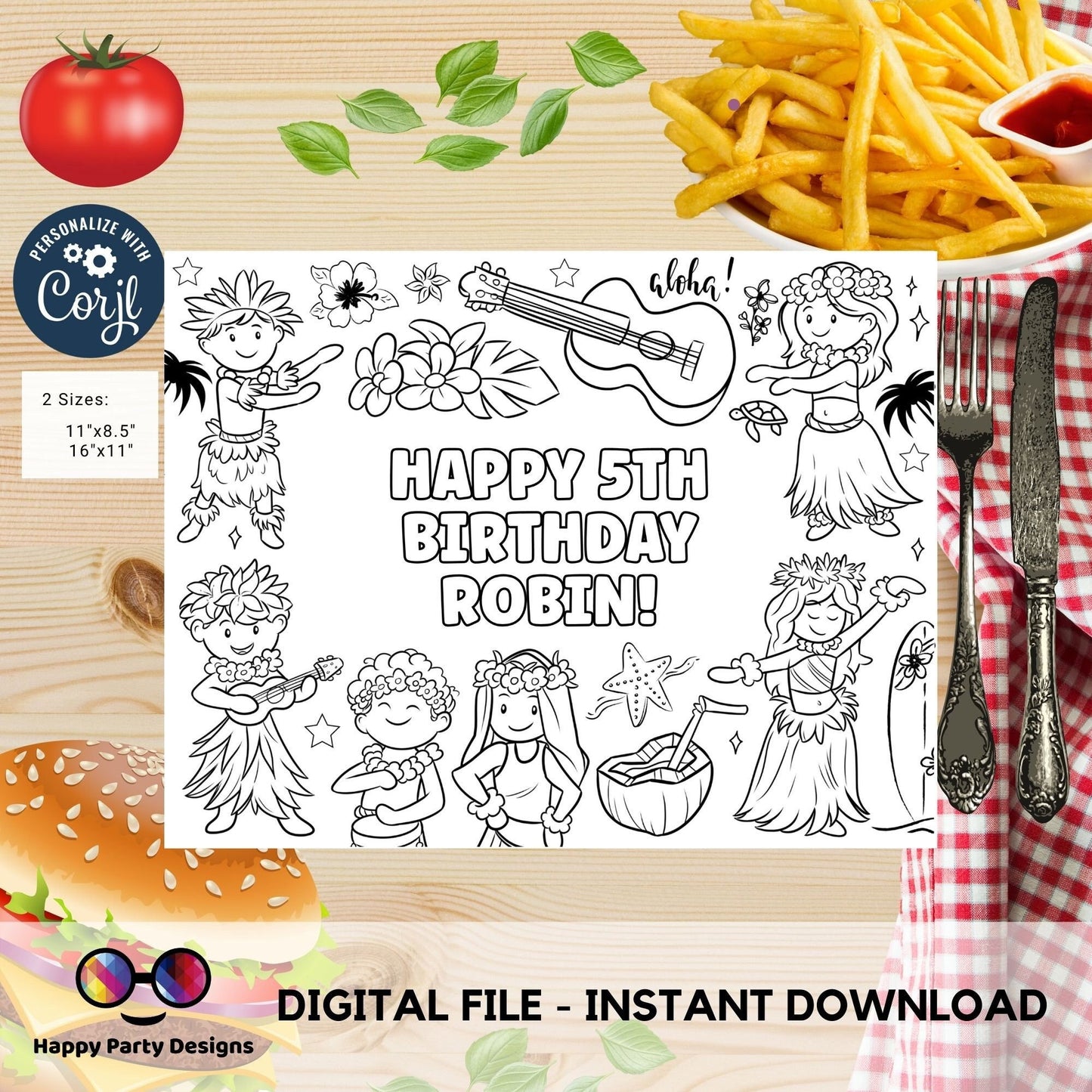 Editable Hawaiian party coloring page | Aloha placemat | Any Age | Beach birthday | Luau Party Coloring Pages | beach party kids #K222