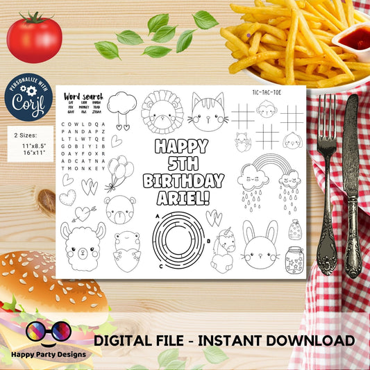 Editable Safari baby animals coloring page | First birthday | Any Age | Valentines Animals Birthday Party | One Birthday Zoo Jungle #K202