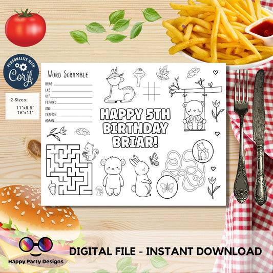 Editable woodland baby animals coloring page | First birthday | Any Age | Forest Animals Birthday Party | Teddy bear, bunny, reindeer #B16