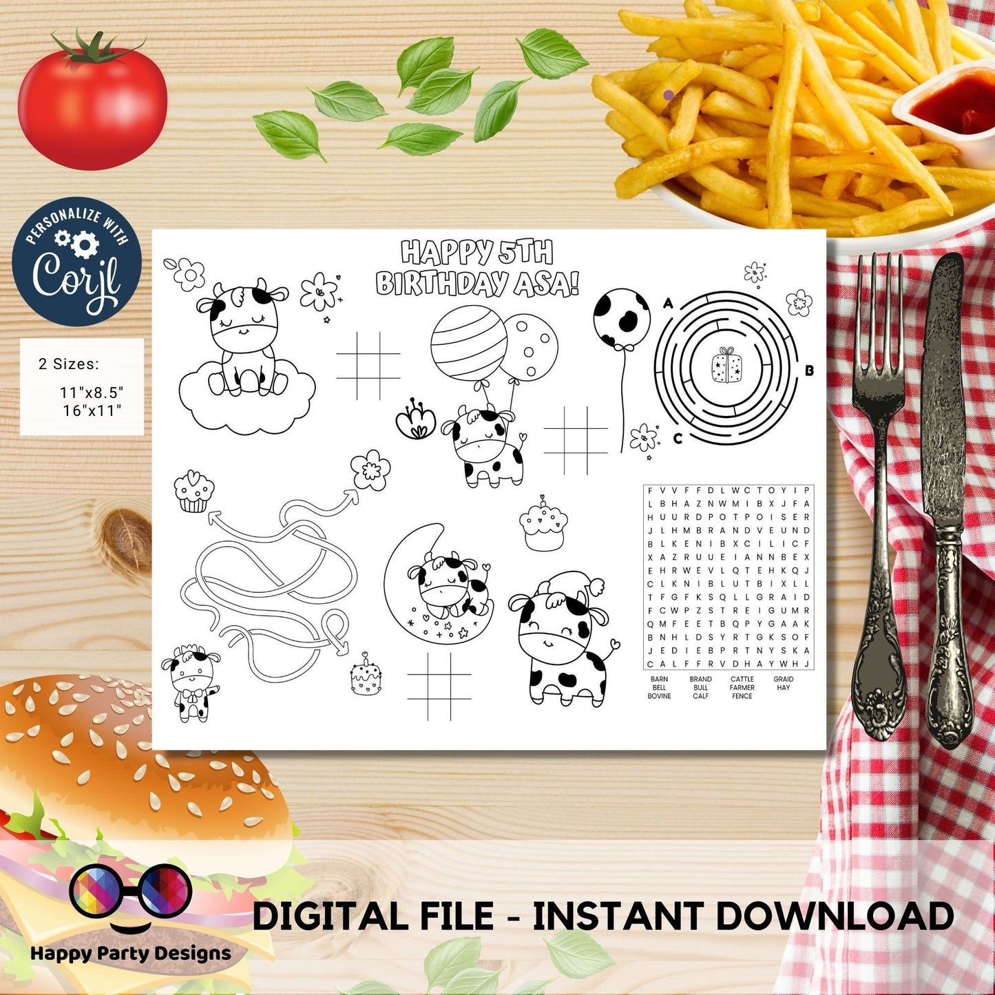 Editable Cow baby coloring page | First birthday | Any Age | baby elephant | Birthday Party | Baby shower | farm #K147