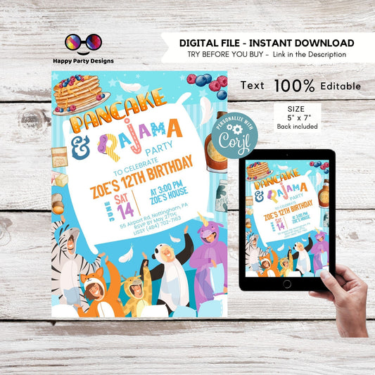 Editable Pancake and pajamas Party Invitation | Sleepover party Invitation printable | Slumber Party Invitation |Sleepover invite #K300